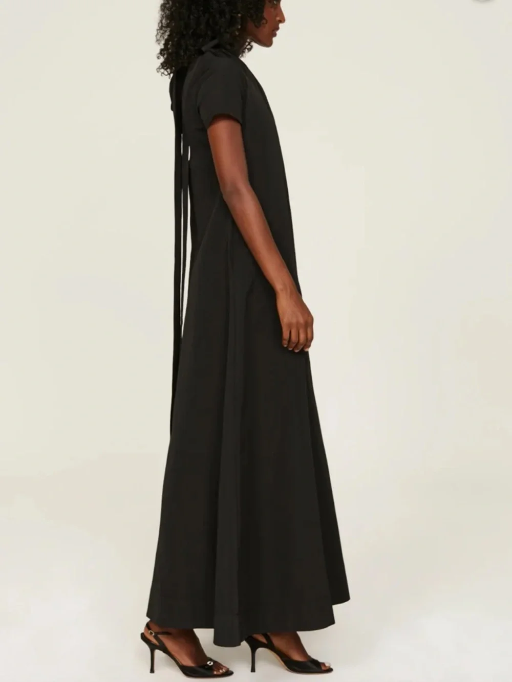 High-Neck Black Short-Sleeve Maxi Dress